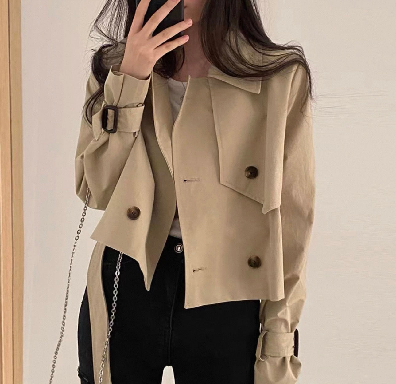 韓系綁腰短風衣外套