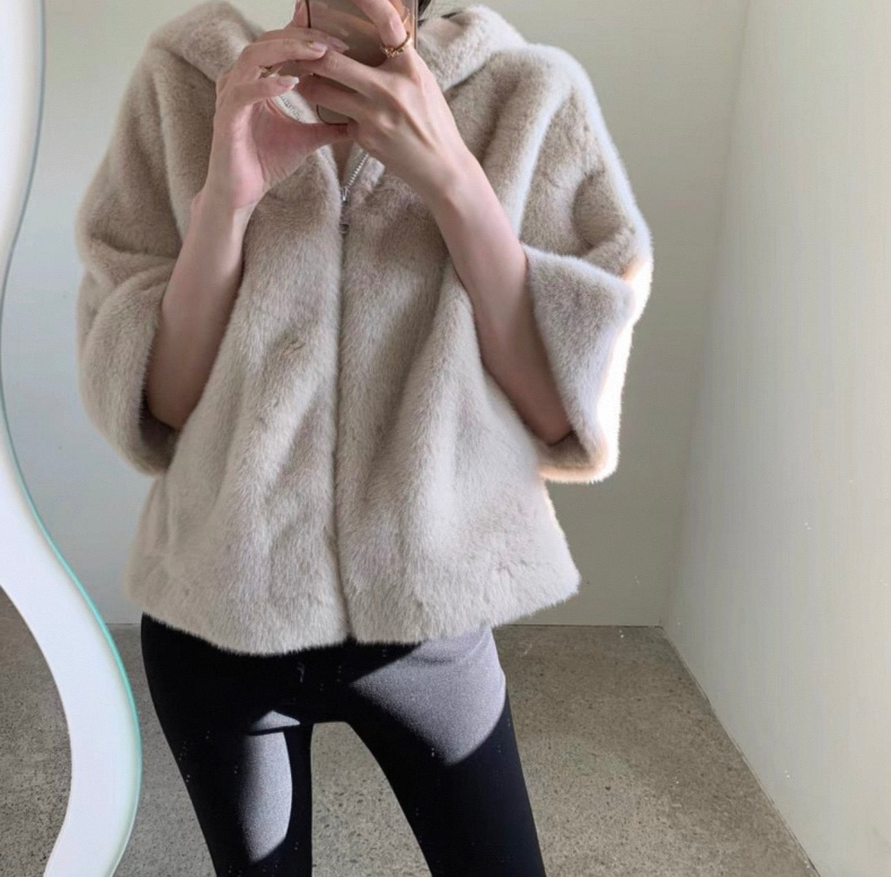 韓系中袖連帽拉鏈毛毛褸