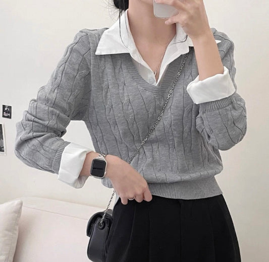 韓系襯衫領拼麻花針織假兩件上衣