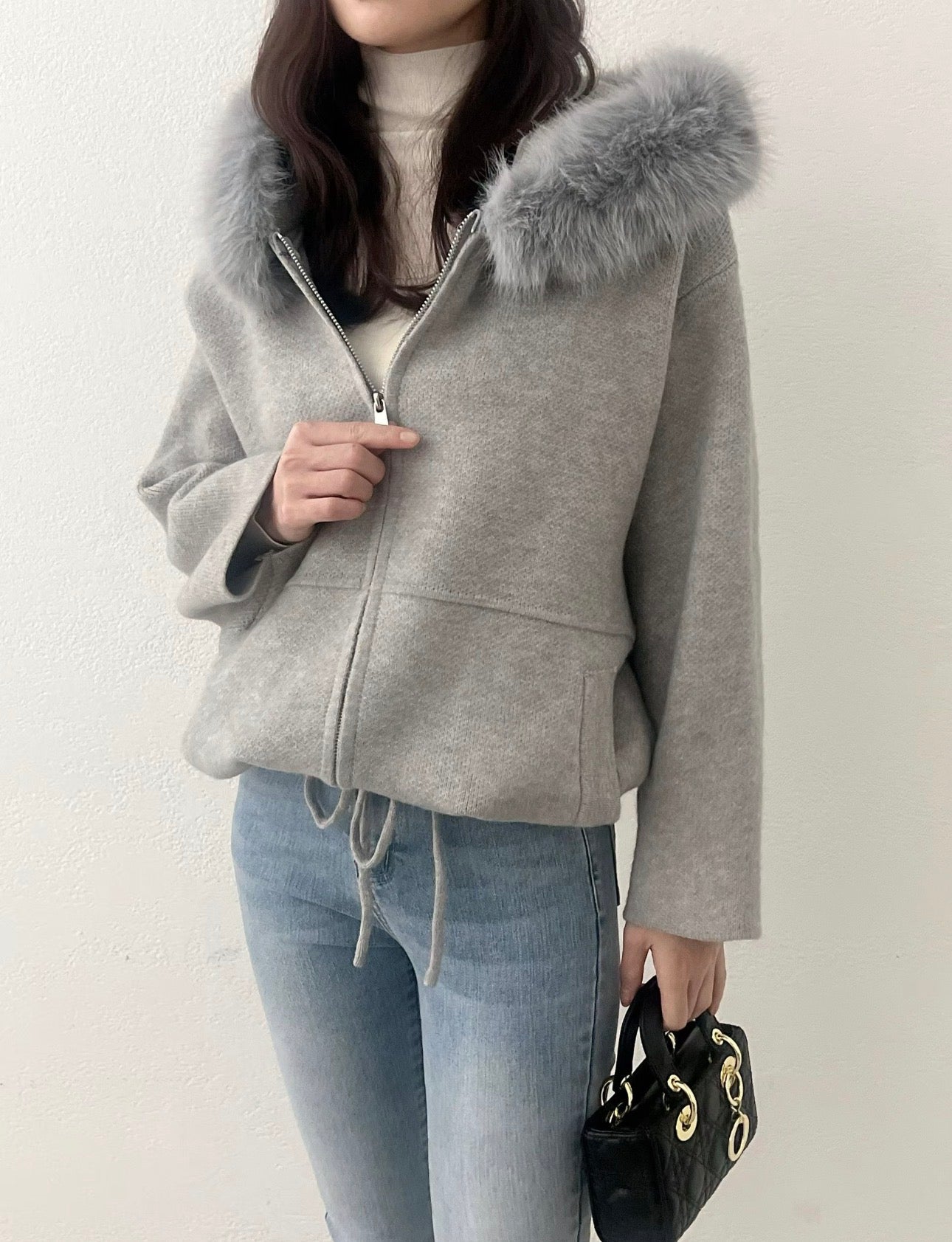 韓系毛毛帽拉鏈針織外套