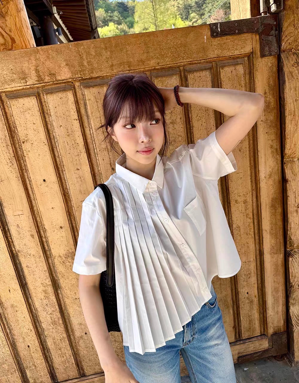 韓系半百褶扣子襯衫