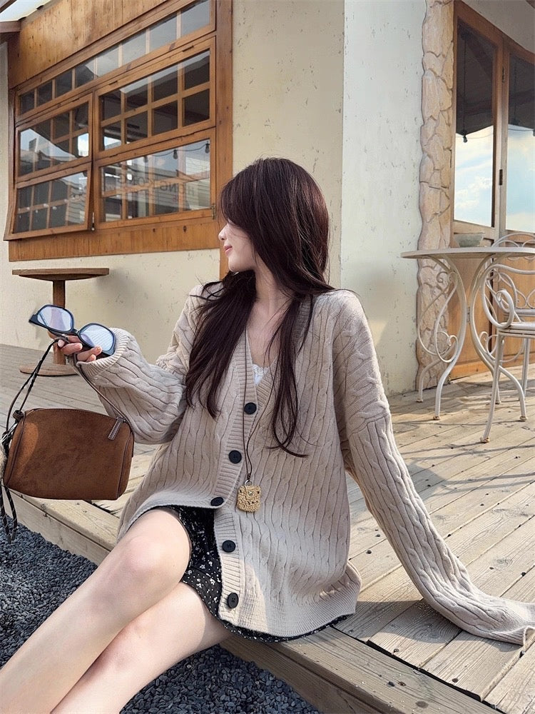 韓系V 領麻花針織長外套