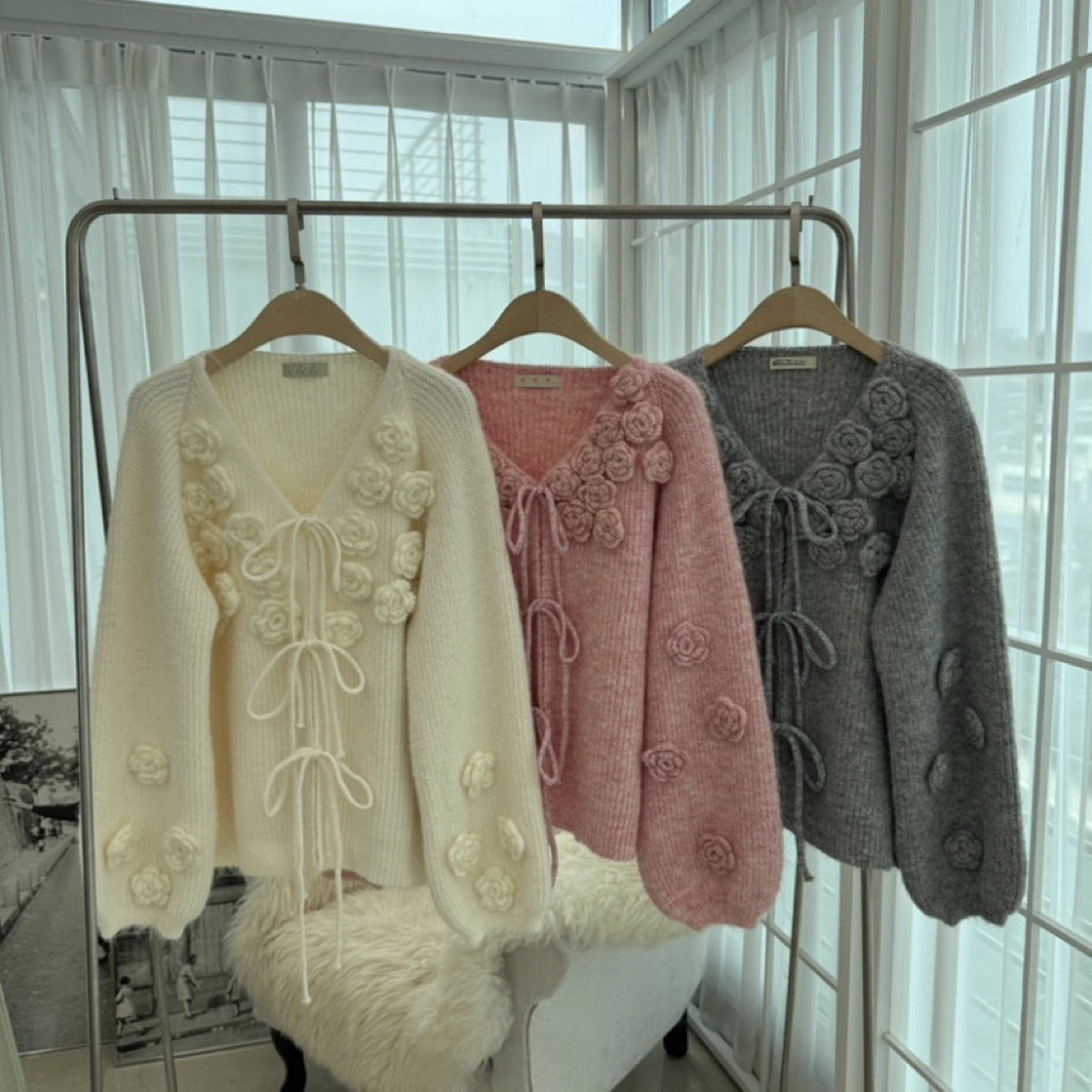 韓系V 領綁結立體玫瑰花針織上衣