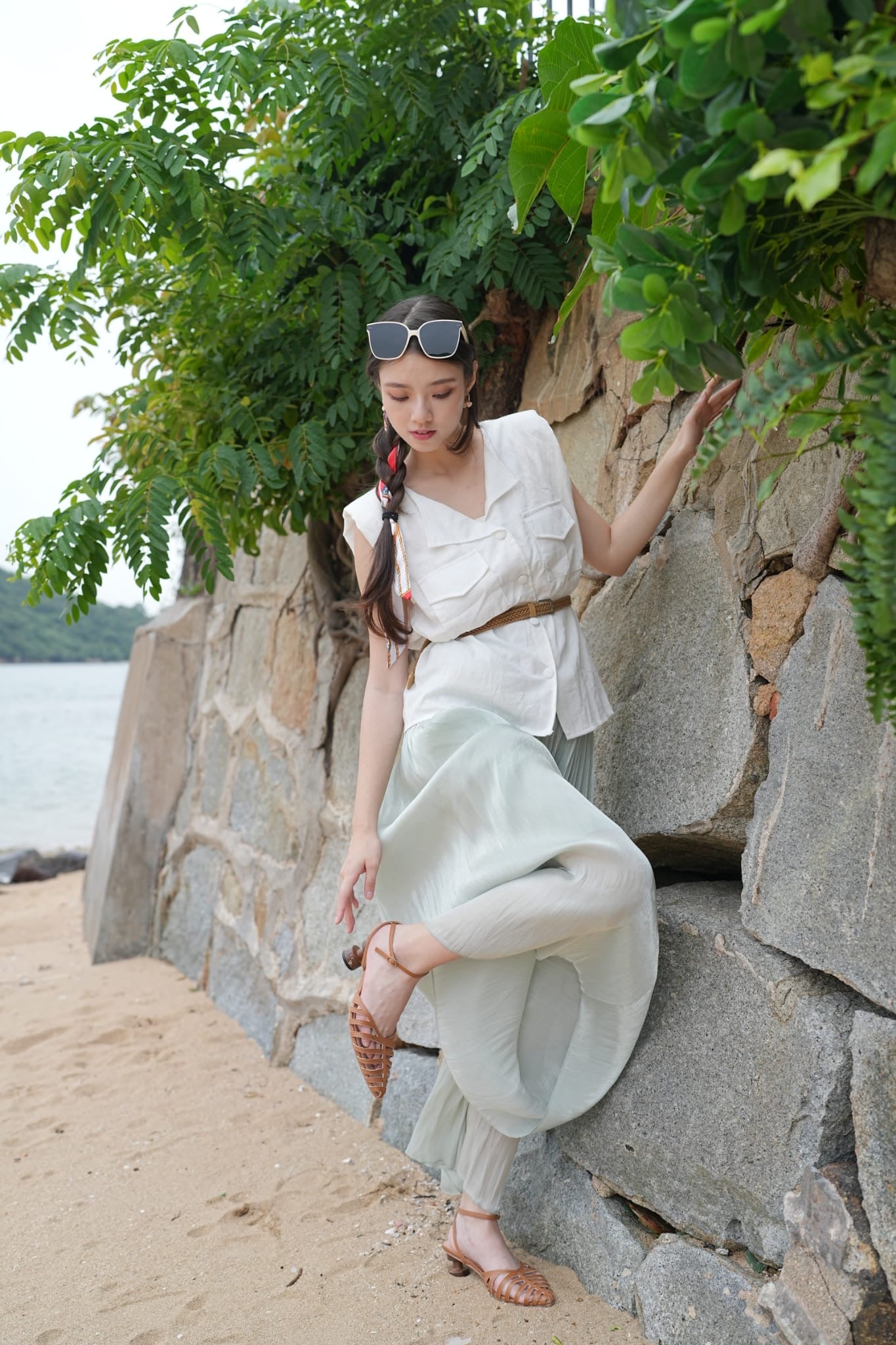 韓系小領扣子腰帶上衣/百褶裙褲
