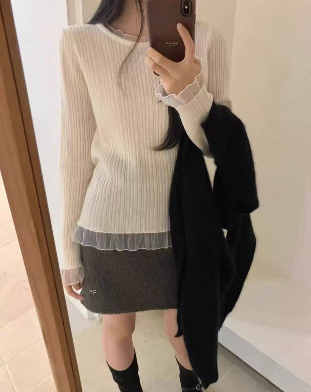 韓系坑紋拼紗邊上衣