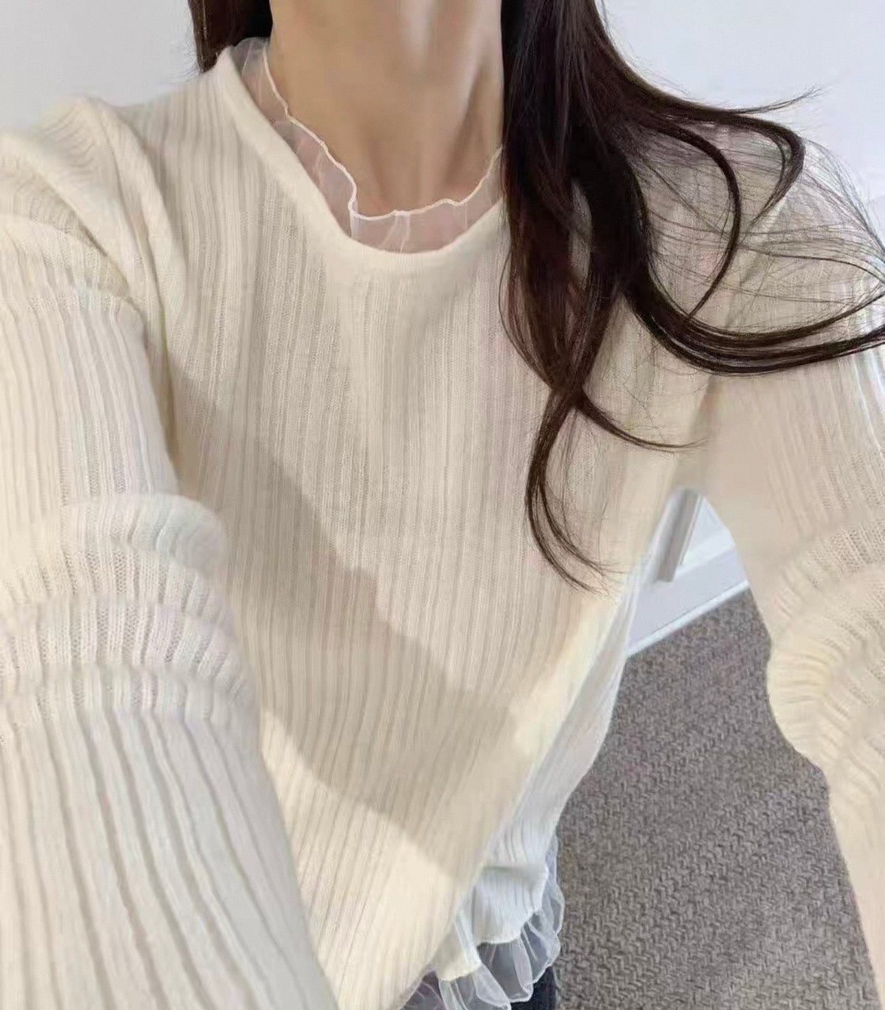 韓系坑紋拼紗邊上衣