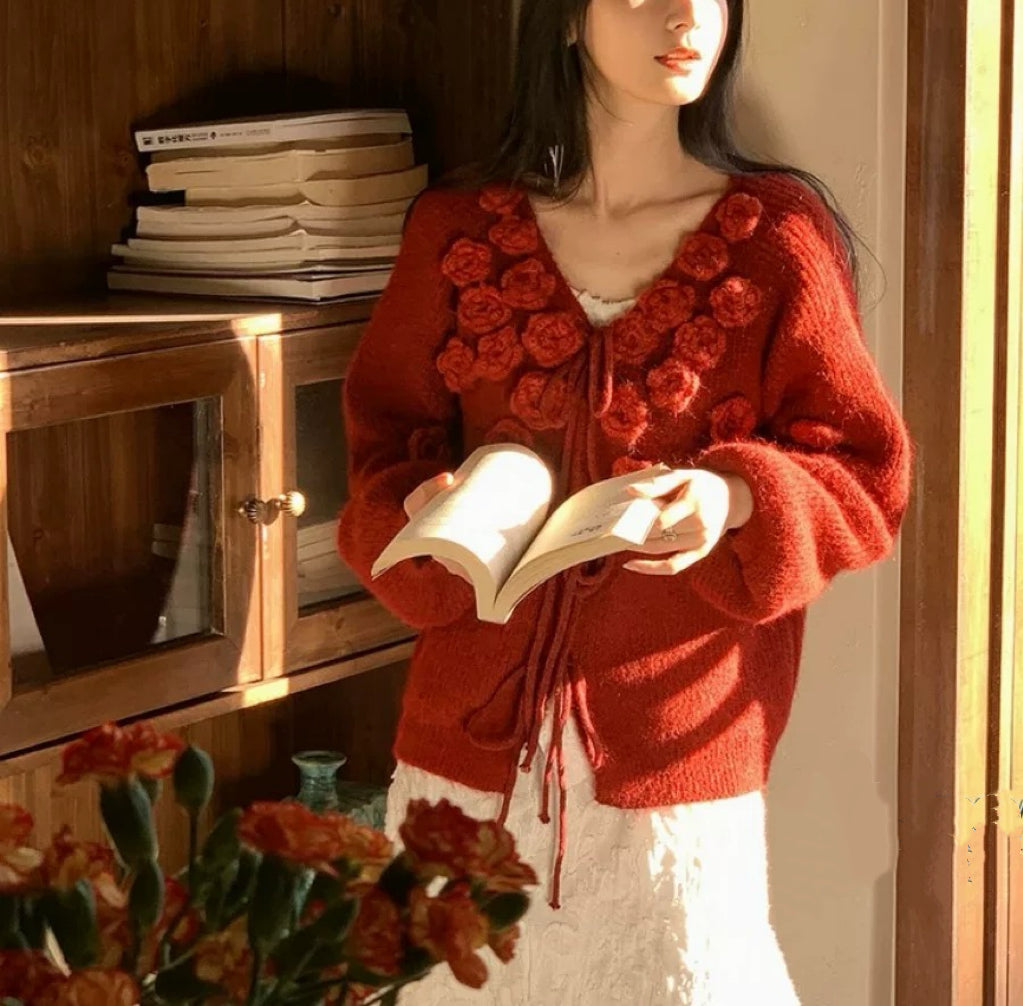 韓系V 領綁結立體玫瑰花針織上衣