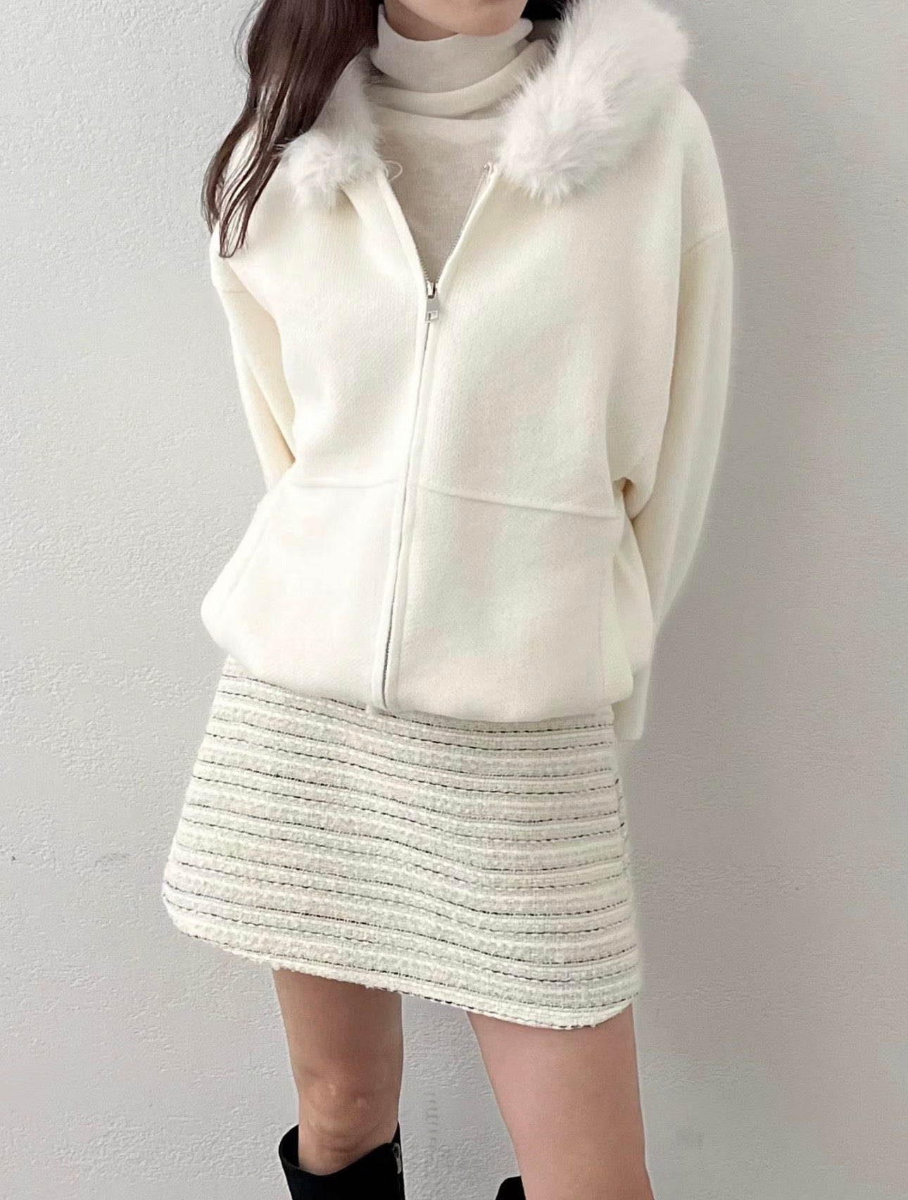 韓系毛毛帽拉鏈針織外套