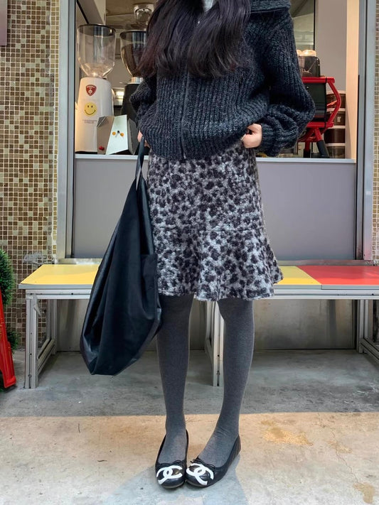 韓系高腰豹紋荷邊毛呢裙