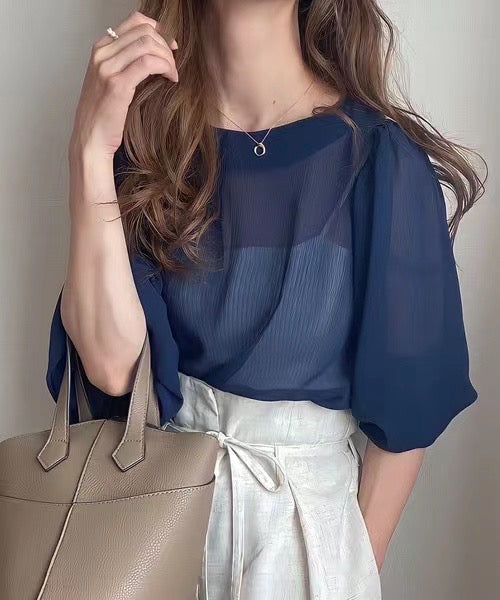 韓系透視泡泡袖上衣連吊帶Set