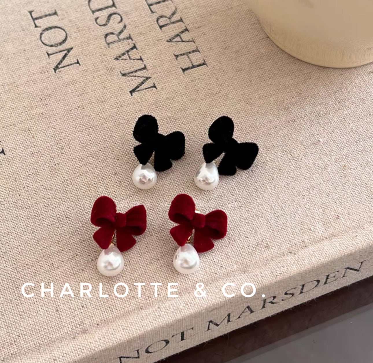 韓系蝴結小水滴珠耳環