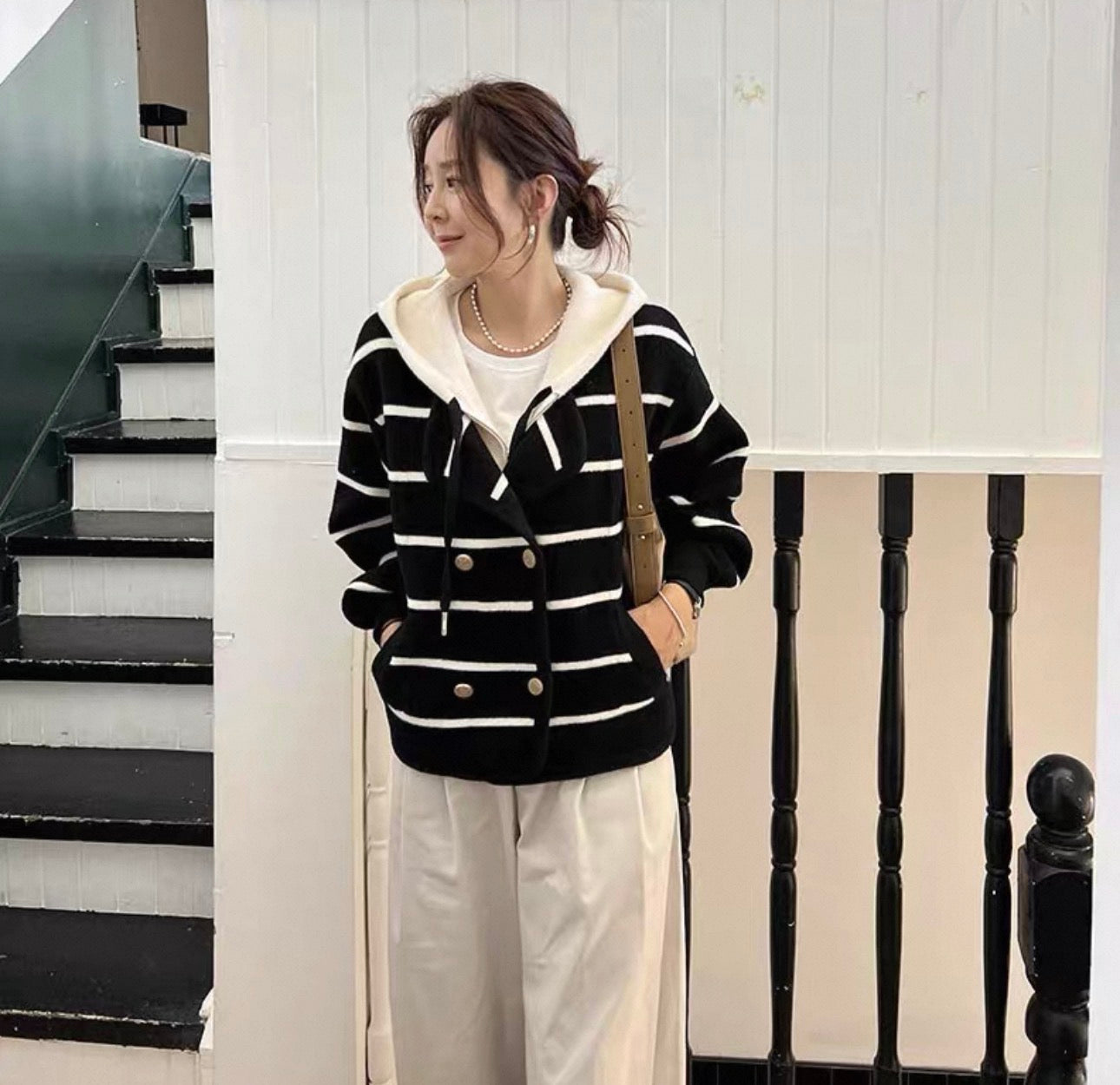 韓系條紋扣子連帽假兩件外套