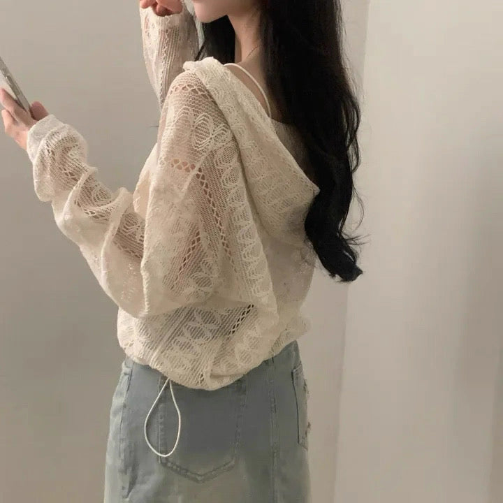 韓系鏤空緹花拉鏈外套