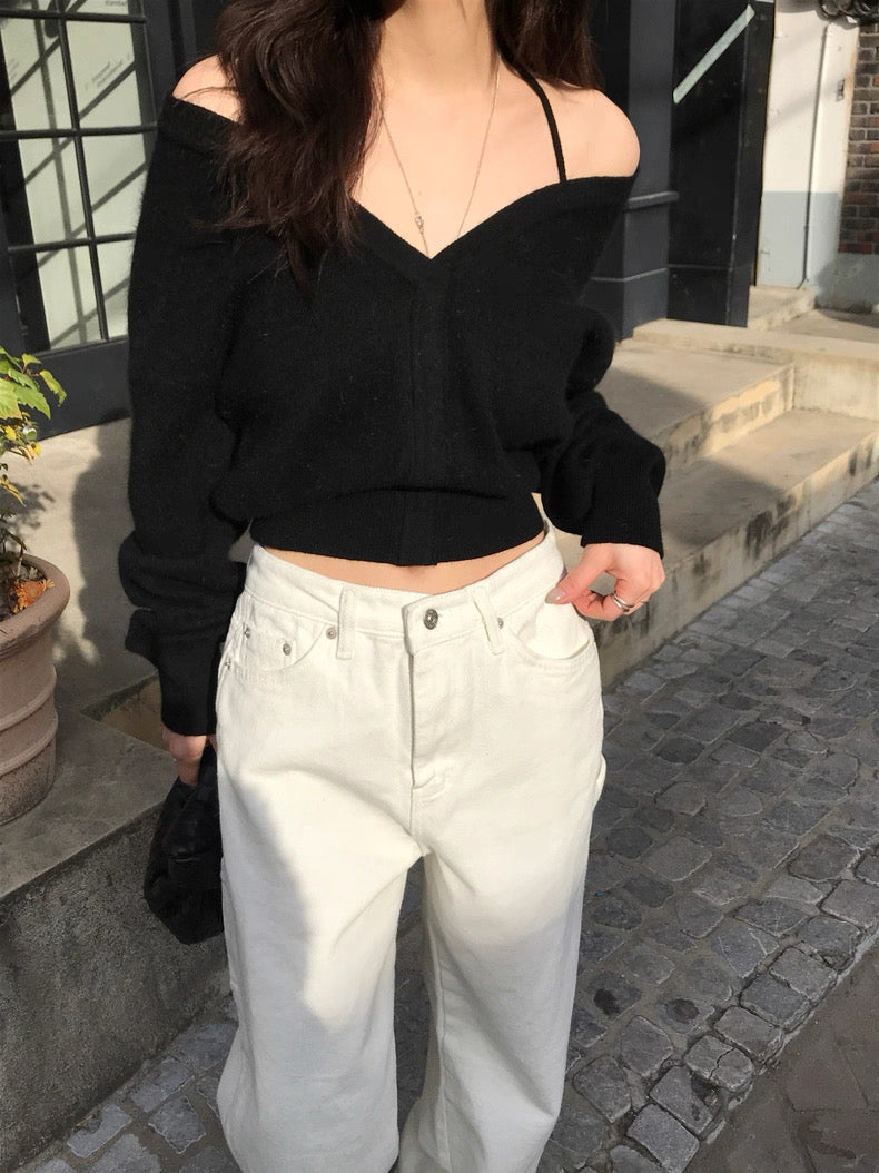 韓系V 領掛項收腰針織上衣