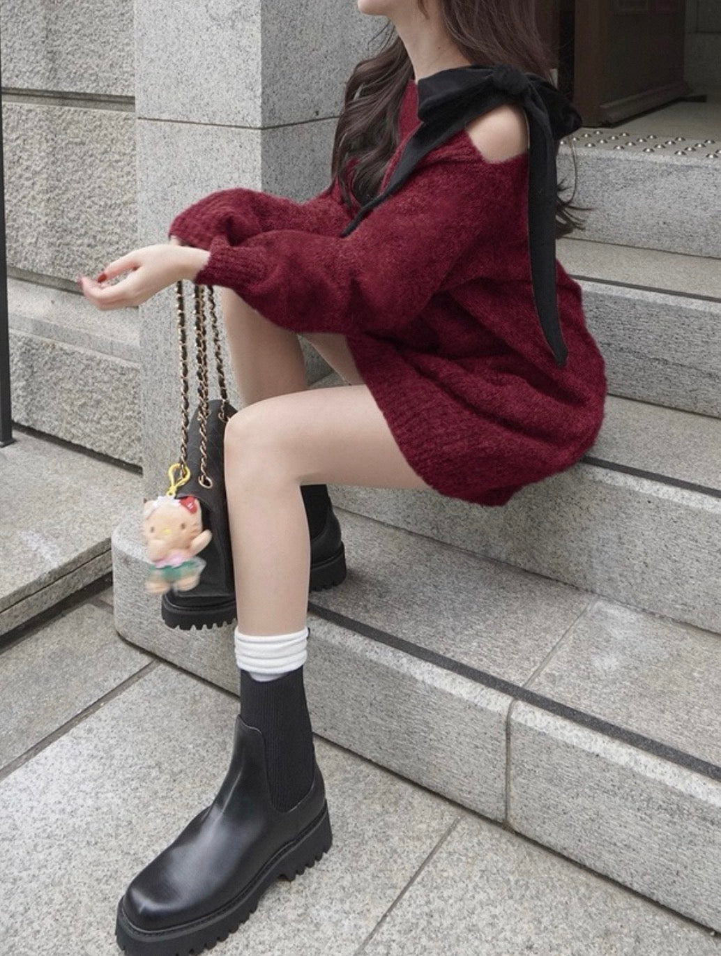 韓系半側肩綁結針織連身裙