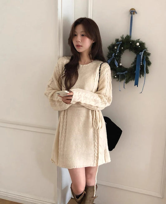 韓系圓領側麻花針織連身裙