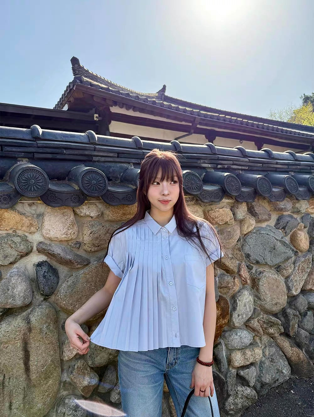 韓系半百褶扣子襯衫