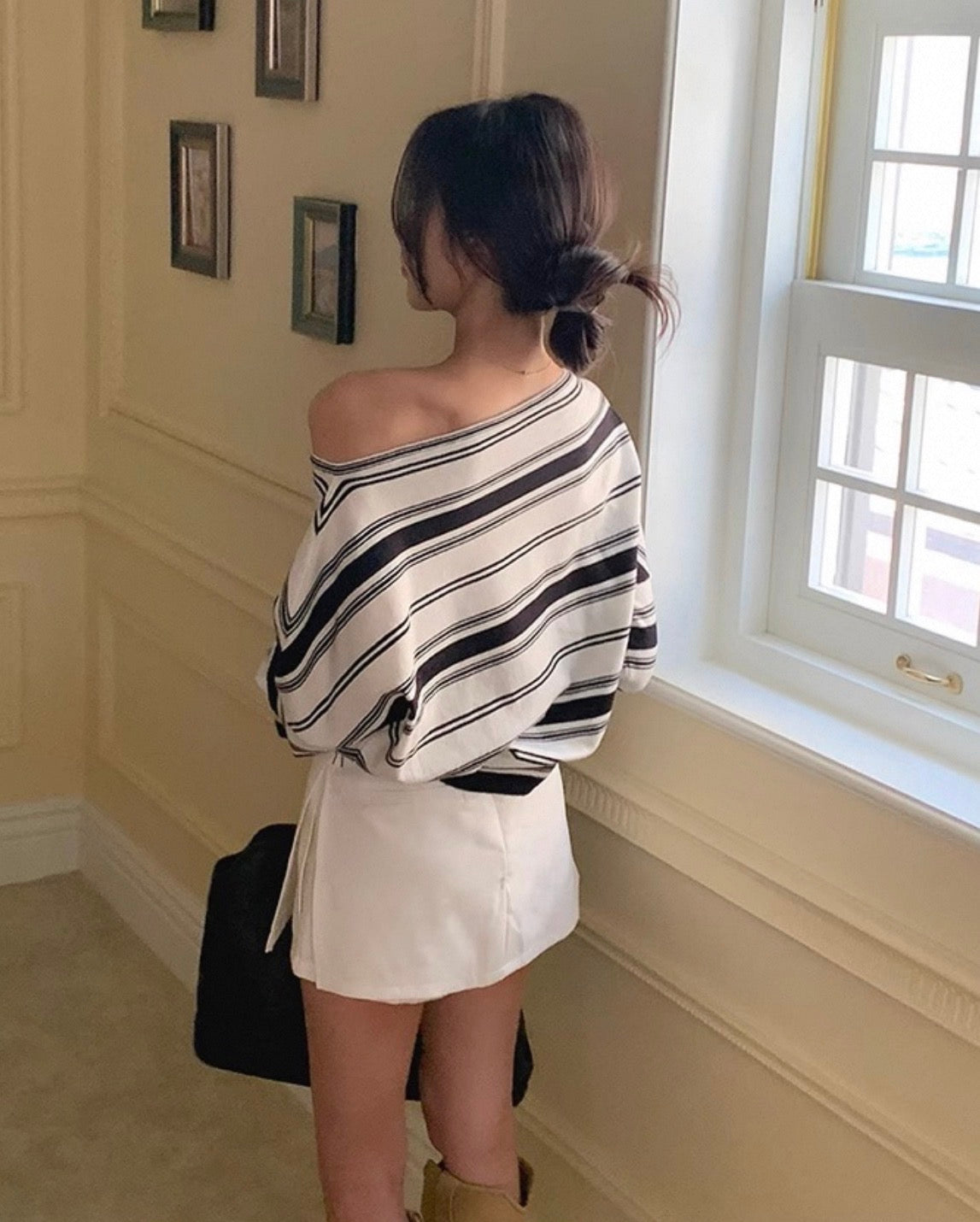 韓系側肩條紋針織上衣