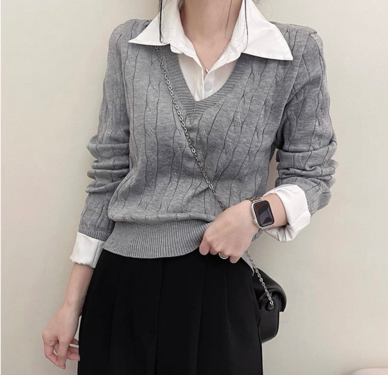 韓系襯衫領拼麻花針織假兩件上衣