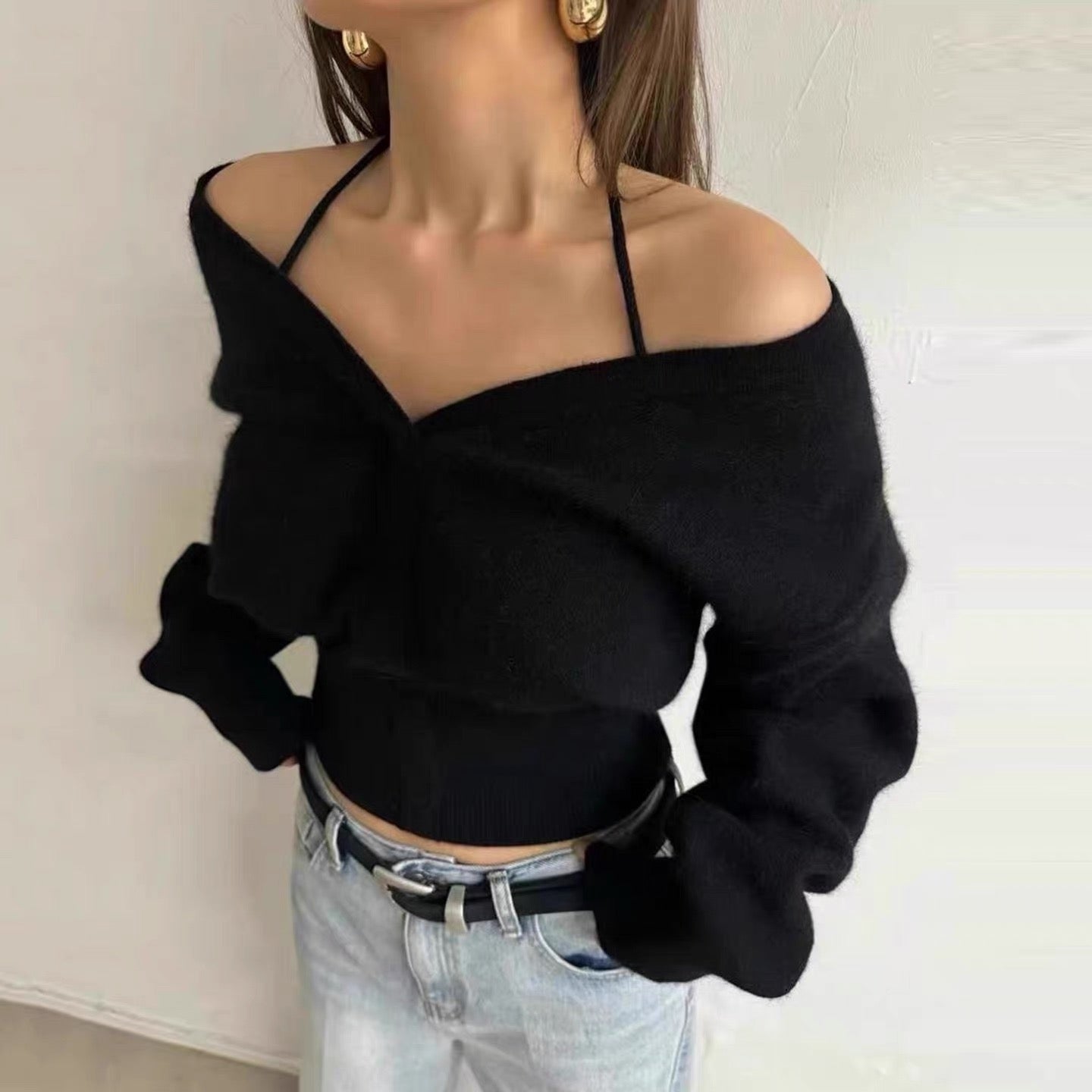 韓系V 領掛項收腰針織上衣