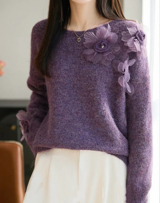 韓系圓領立體花針織寬鬆上衣