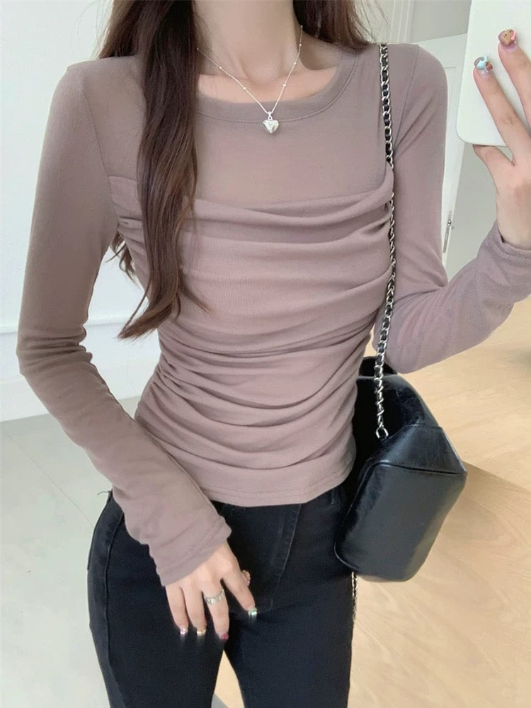 韓系半透肩拼褶皺緊身上衣