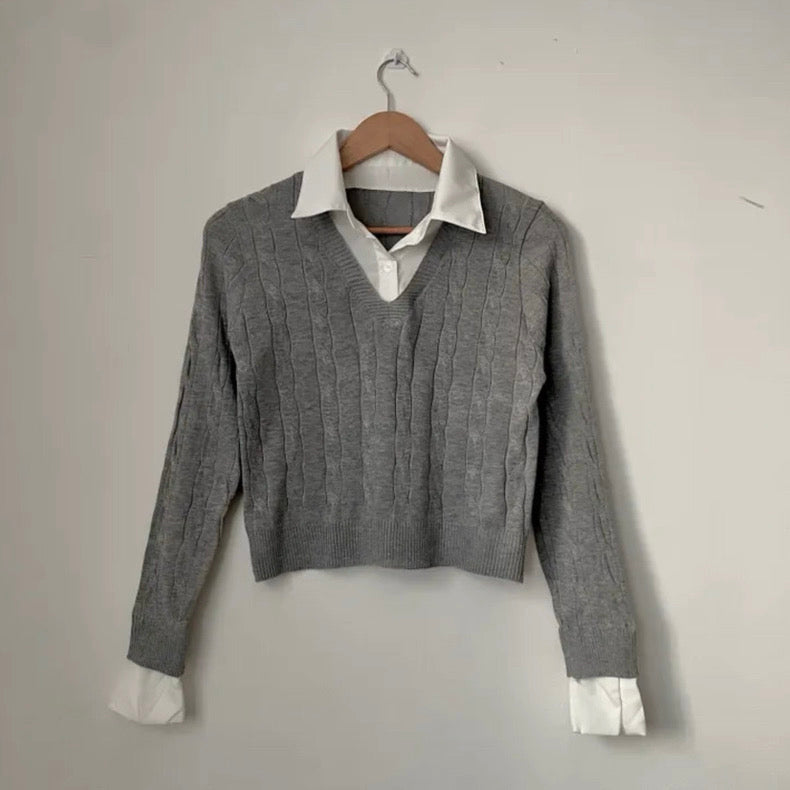 韓系襯衫領拼麻花針織假兩件上衣