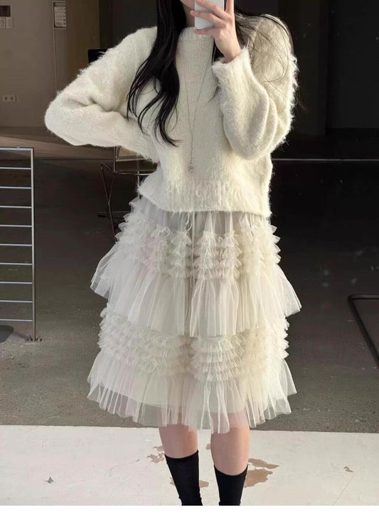 韓系高腰不規則層層紗裙