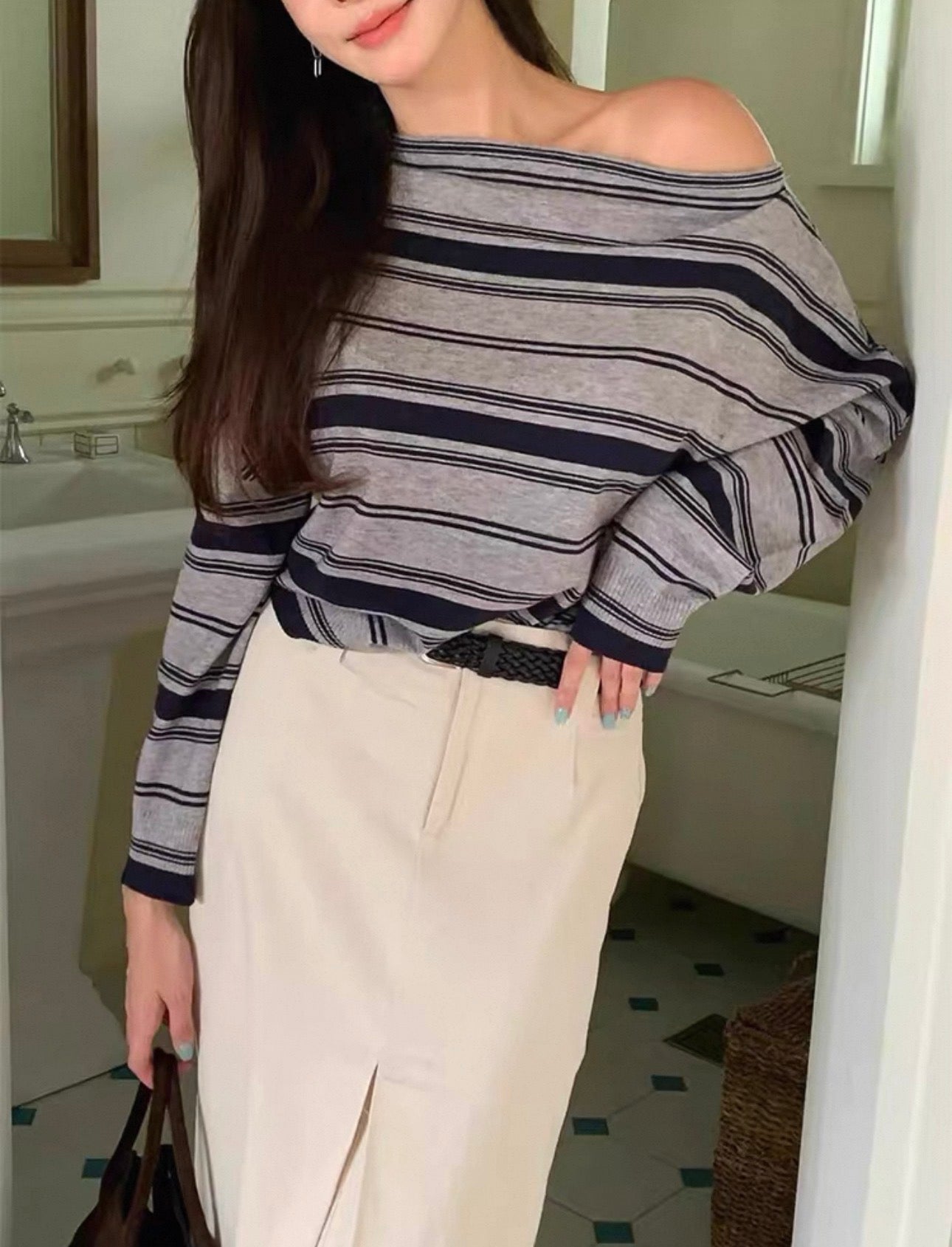 韓系側肩條紋針織上衣