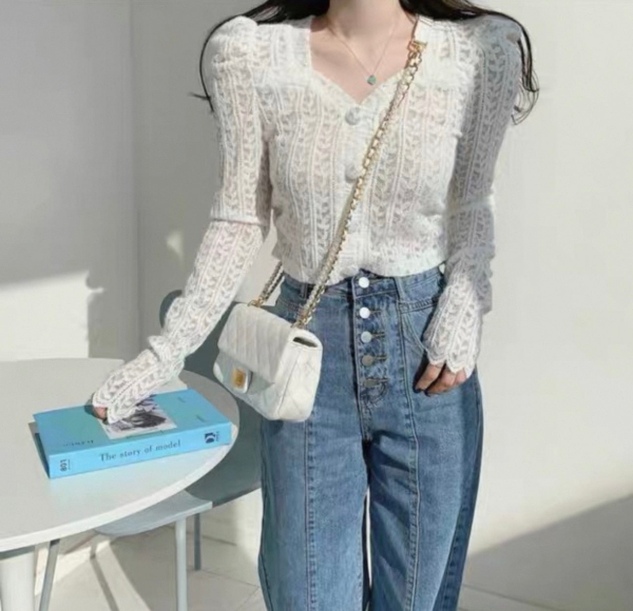 韓系心領葉子蕾絲鏤空針織上衣