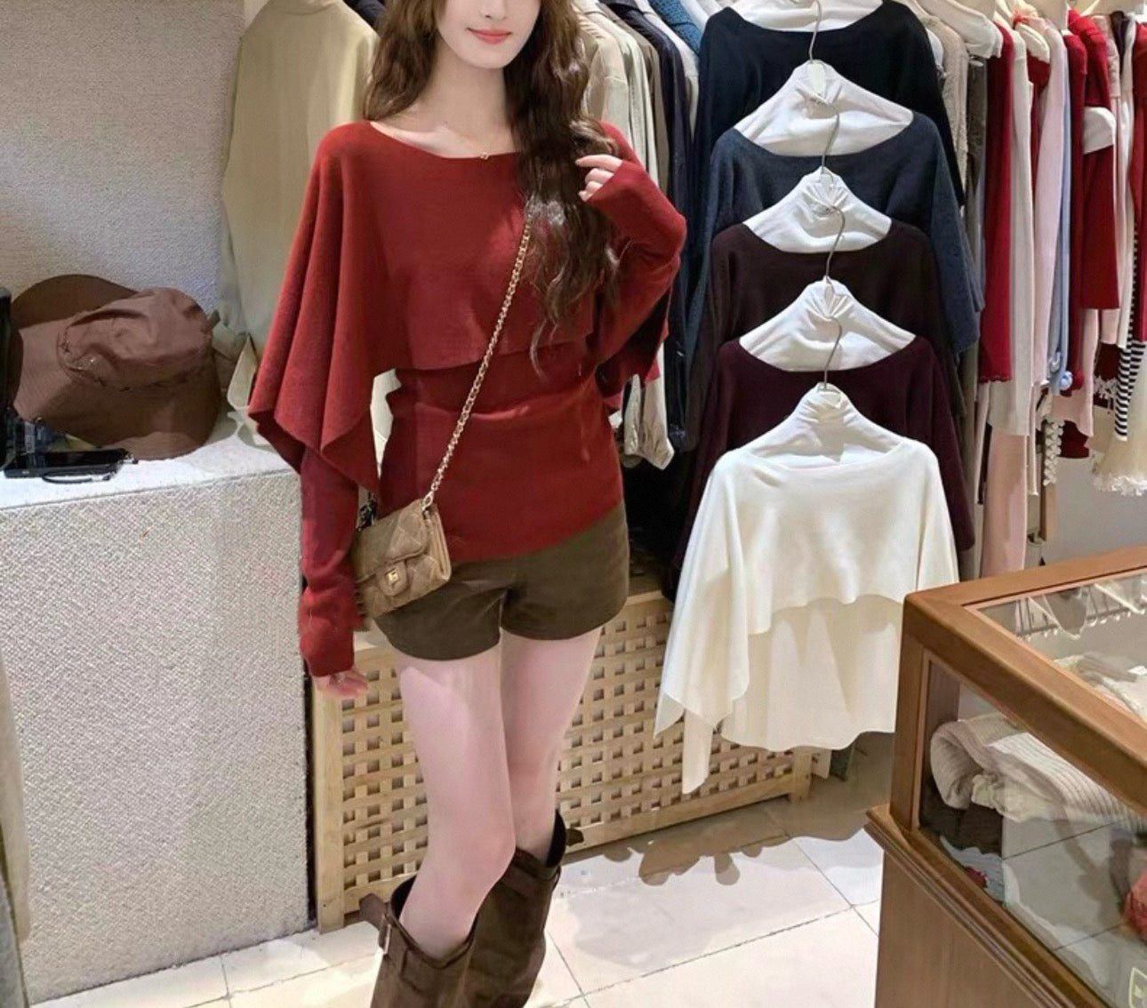 韓系不規則披肩拼上衣set