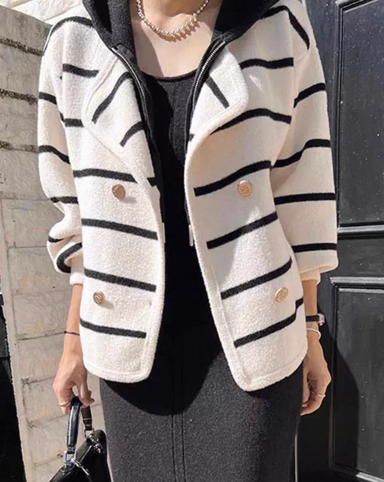 韓系條紋扣子連帽假兩件外套