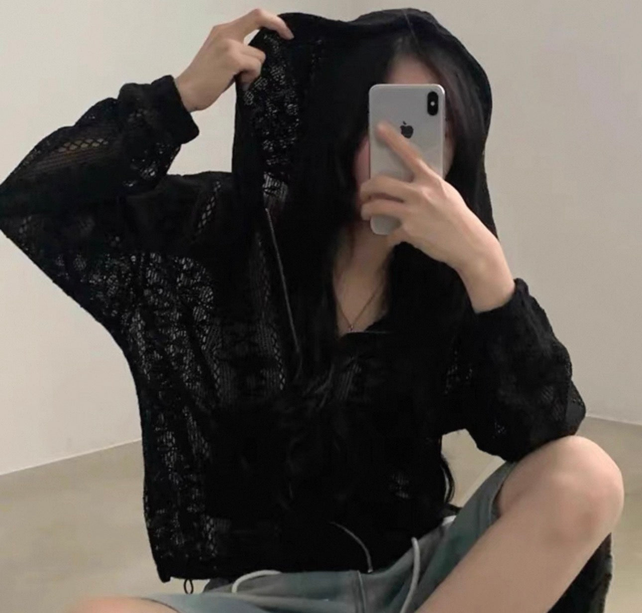 韓系鏤空緹花拉鏈外套