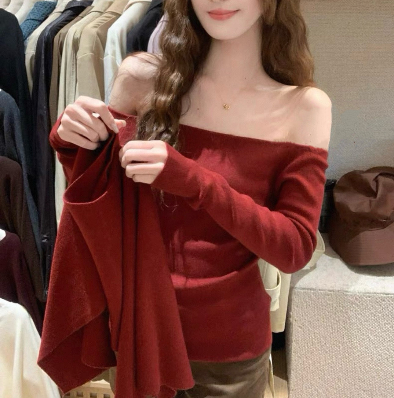 韓系不規則披肩拼上衣set