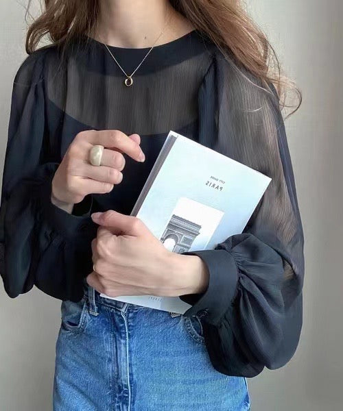 韓系透視泡泡袖上衣連吊帶Set