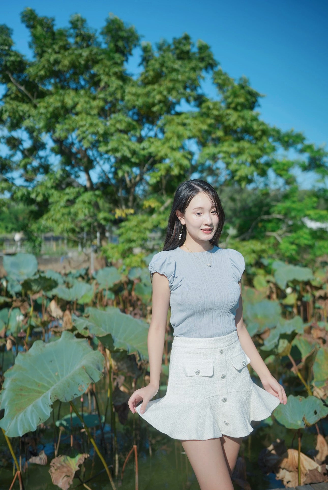 韓系小花領泡泡袖條紋織上衣