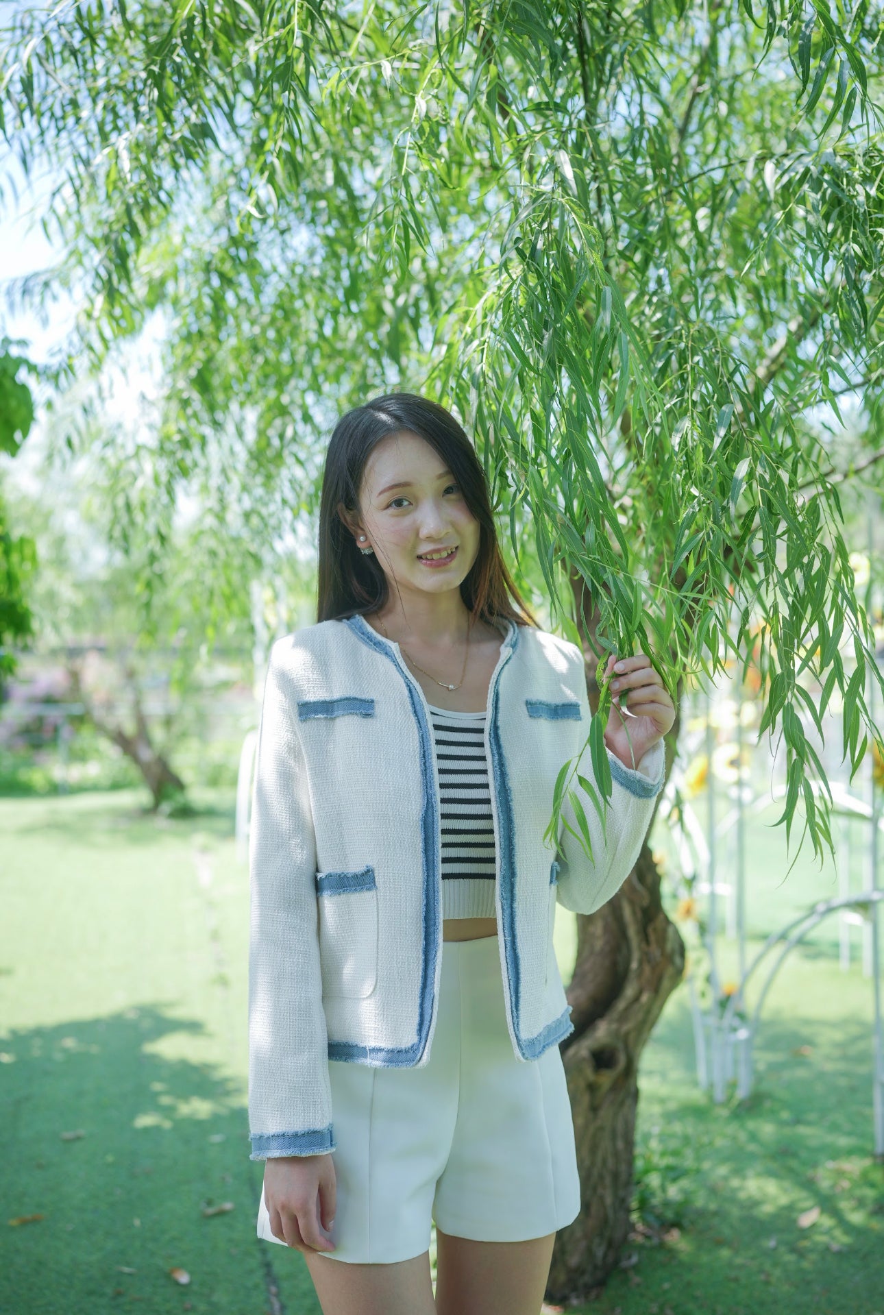 韓系牛仔邊拼小香風西裝外套