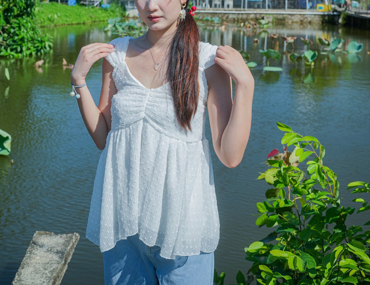 韓系鑽領點點雪紡娃娃上衣