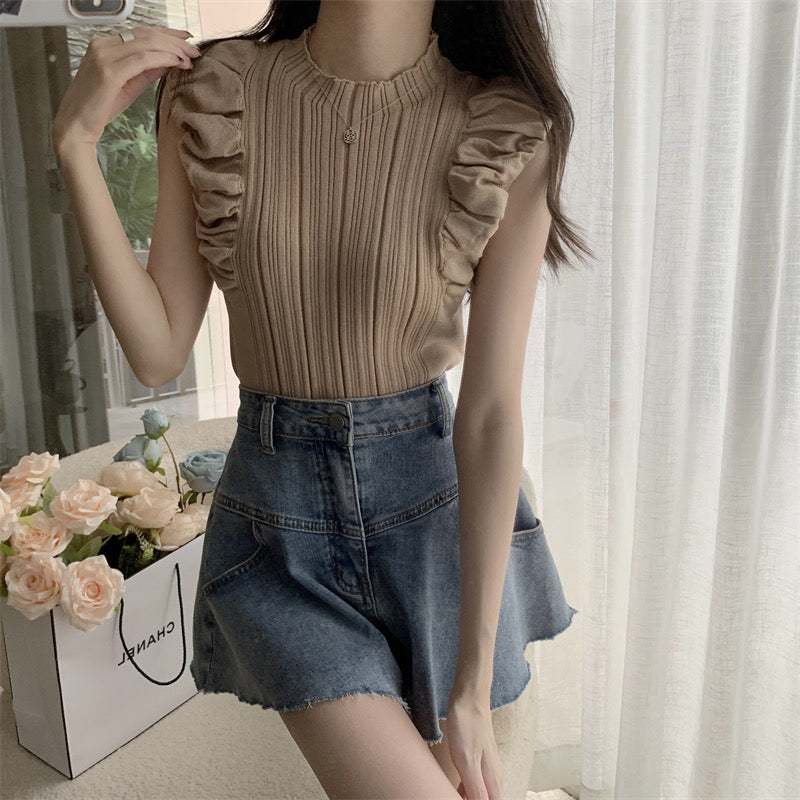 韓系小花領泡泡袖條紋織上衣