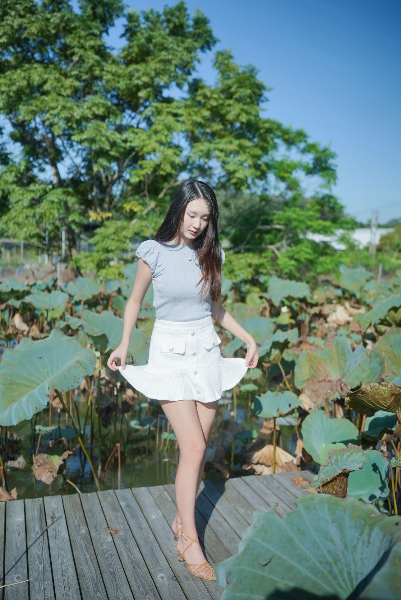 韓系小花領泡泡袖條紋織上衣