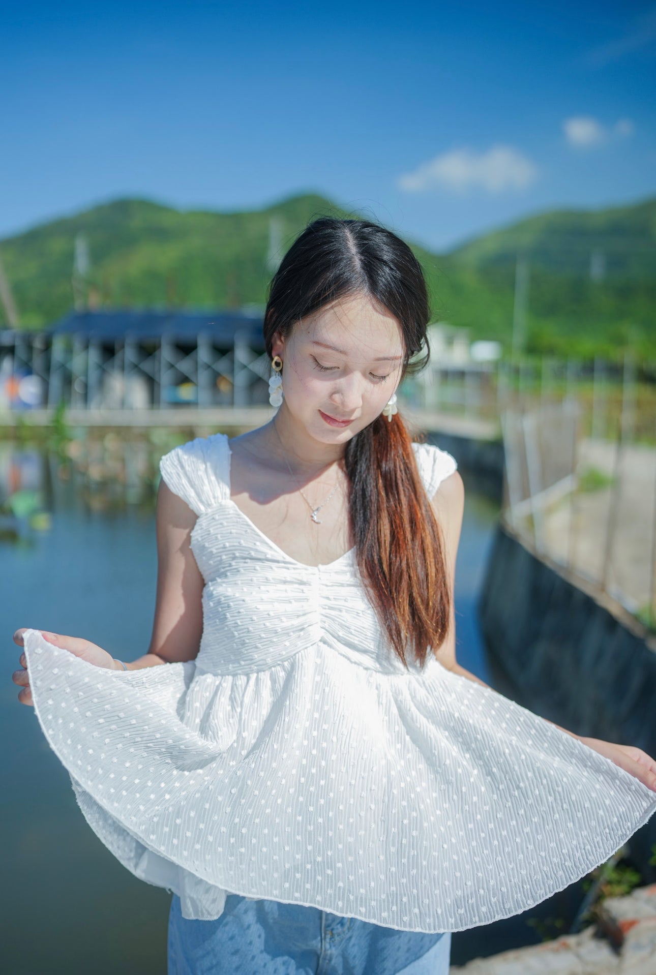 韓系鑽領點點雪紡娃娃上衣