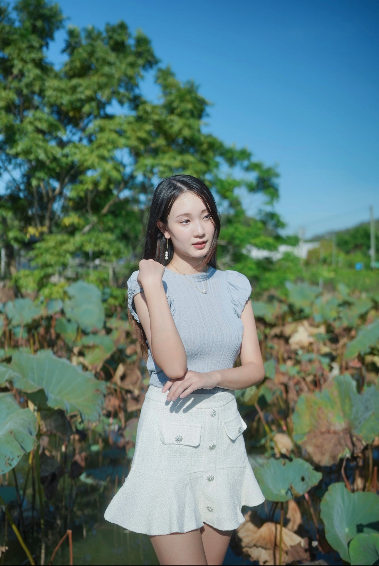 韓系小花領泡泡袖條紋織上衣
