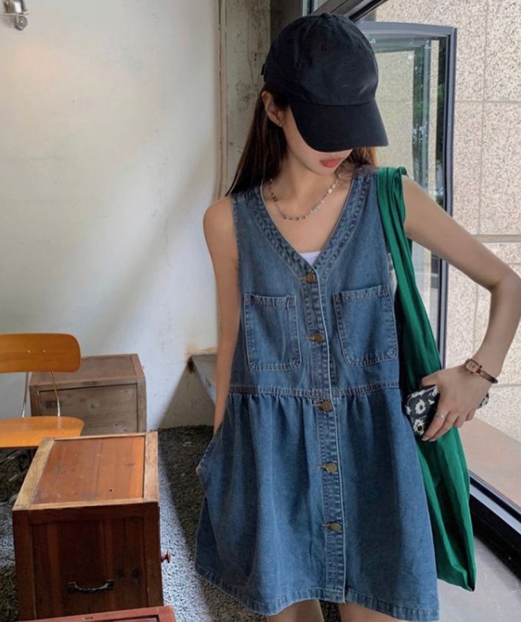 韓系背心扣子連身牛仔裙