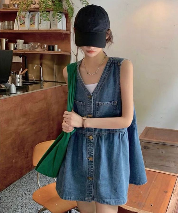 韓系背心扣子連身牛仔裙
