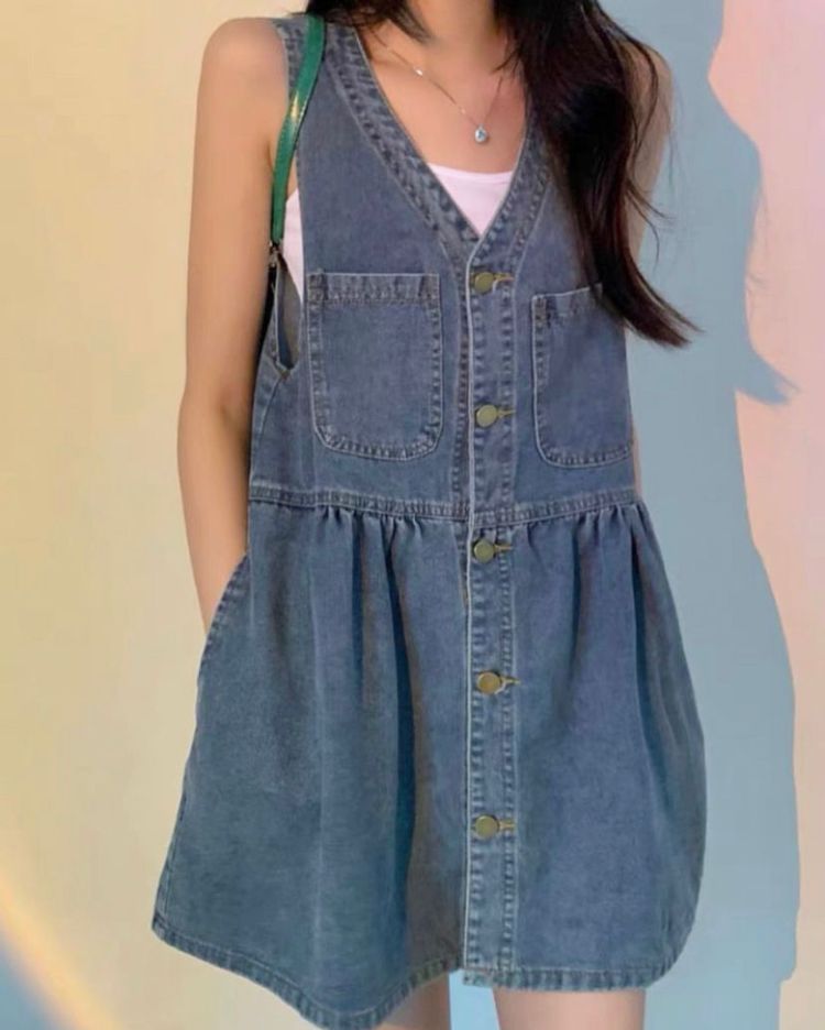 韓系背心扣子連身牛仔裙