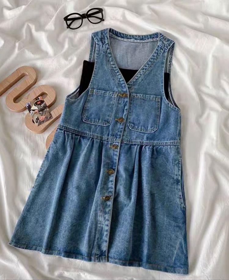 韓系背心扣子連身牛仔裙