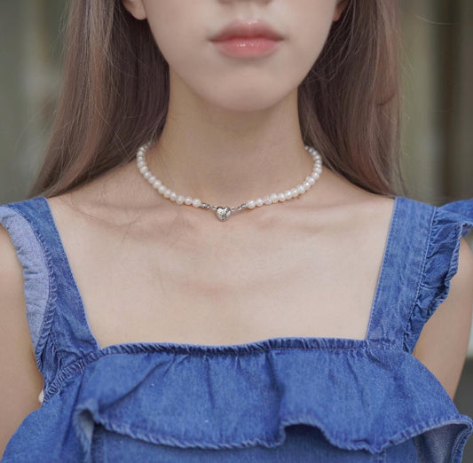 韓系天然淡水珠心心釦短項鏈