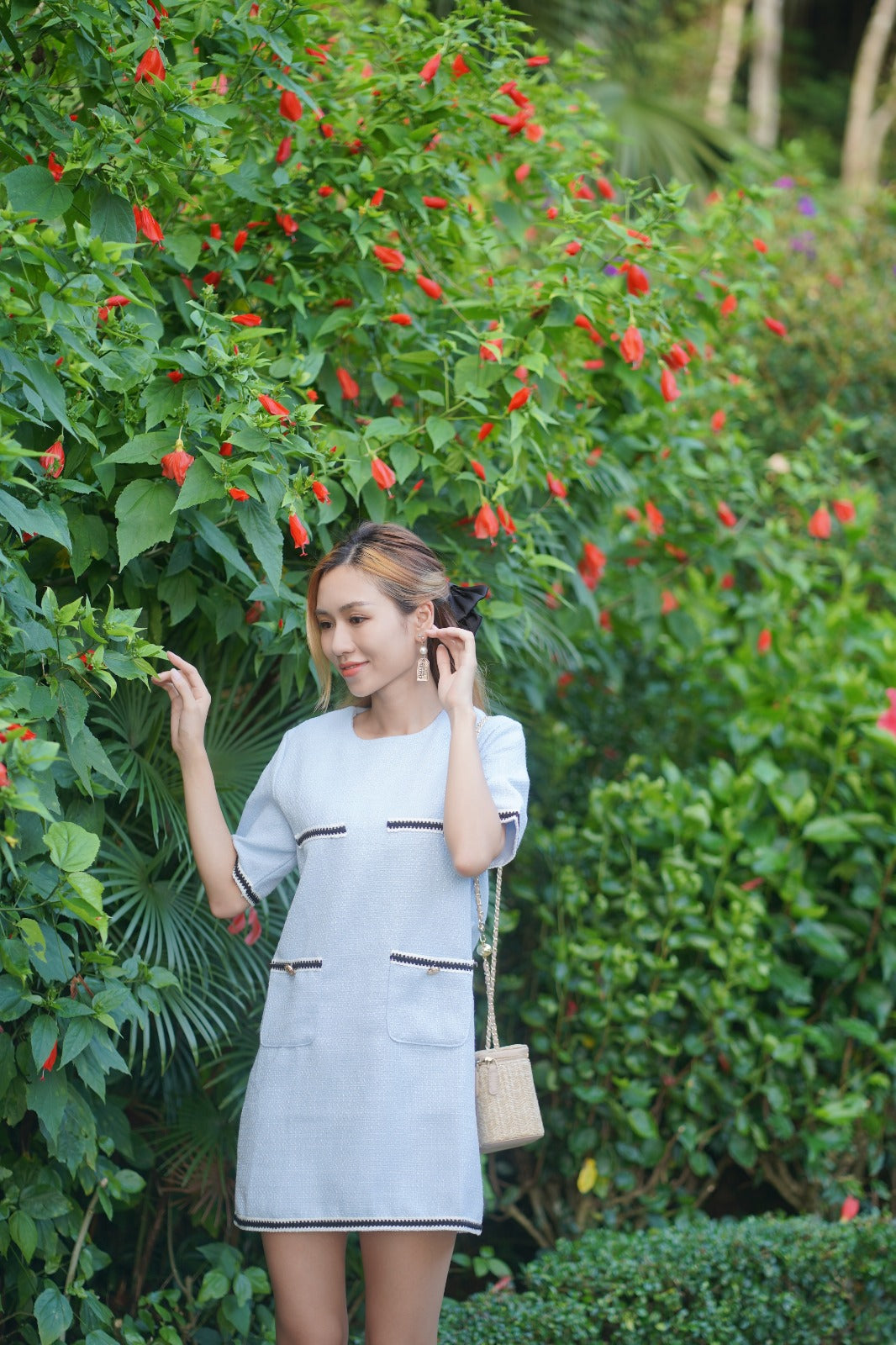 韓系圓領撞色小香風裙