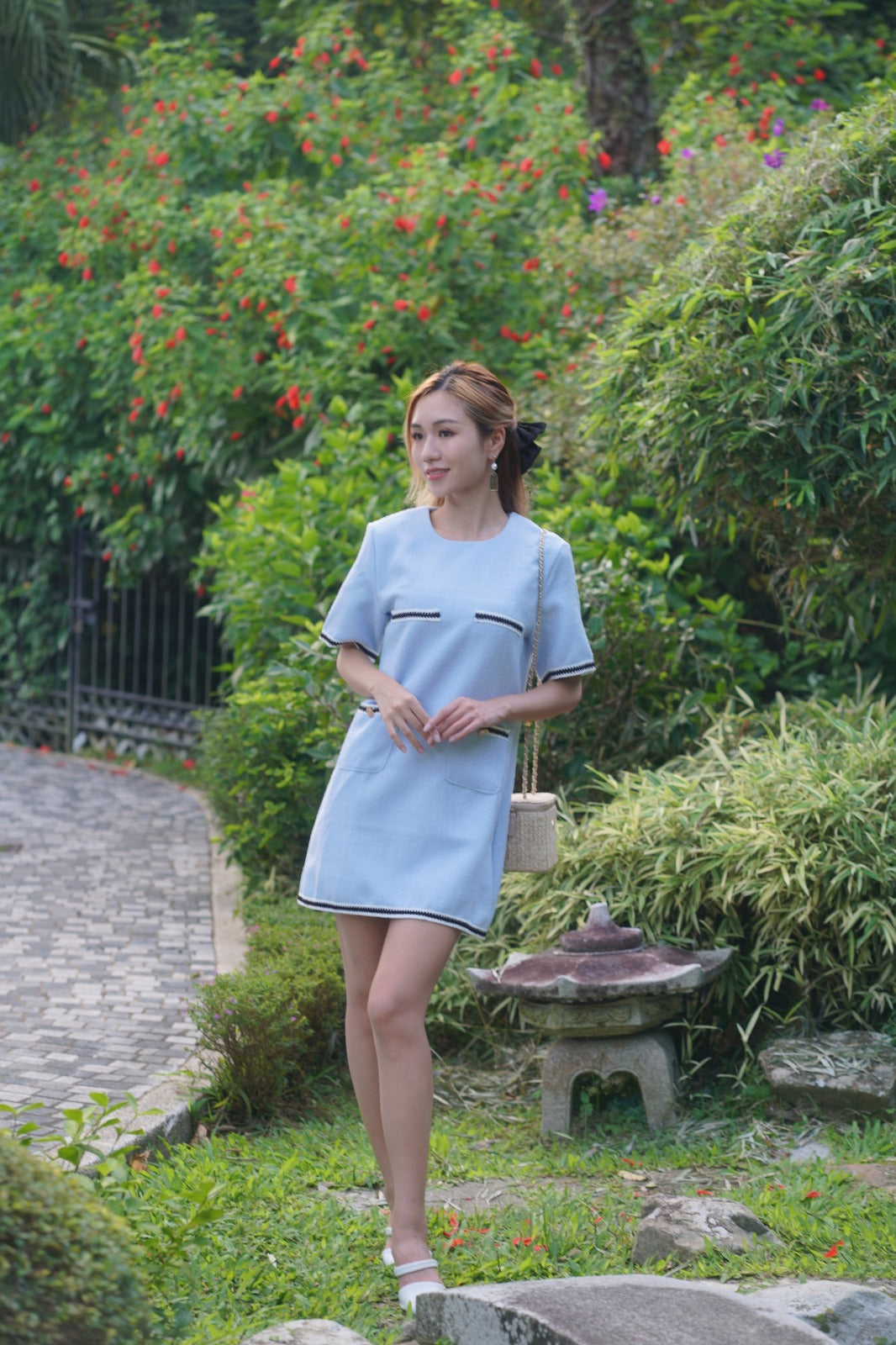 韓系圓領撞色小香風裙