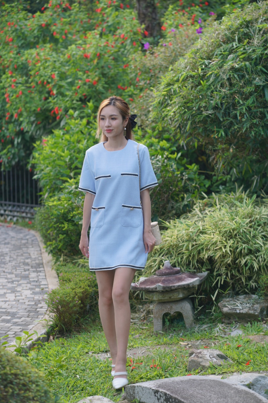 韓系圓領撞色小香風裙